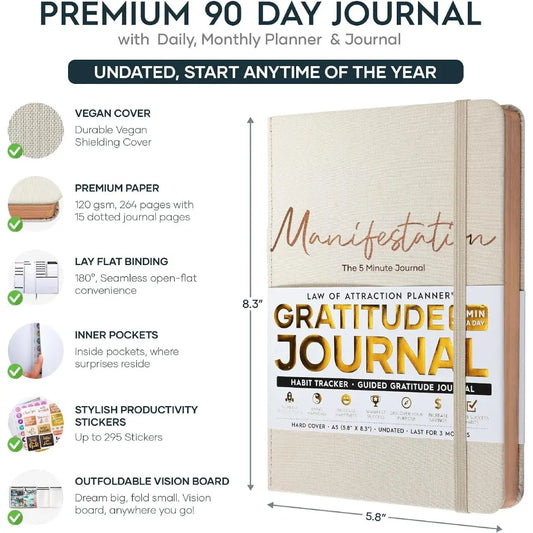 Gratitude Diary for Women and Men, 5 Minute Self Care Journal, 90 Day Undated Daily Planner for Positivity, Affirmations and Events, Guided Awareness
