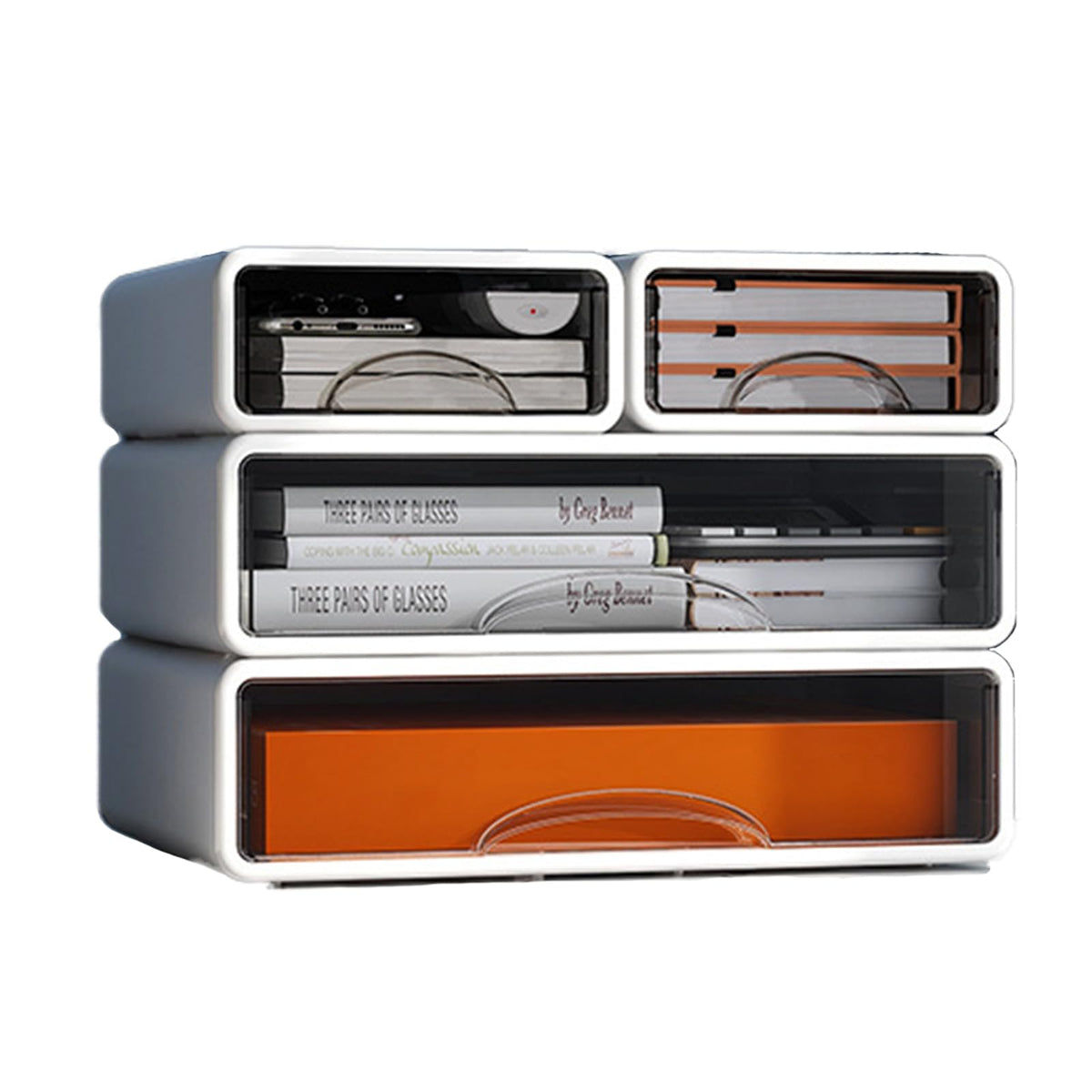 Desk Organizer with Drawers, Stackable Storage Drawers with Compartments Desktop Organization for Office Supplies, Makeup, Pencils, Tape, Erasers, Paperclips, Chargers (4 Pack)