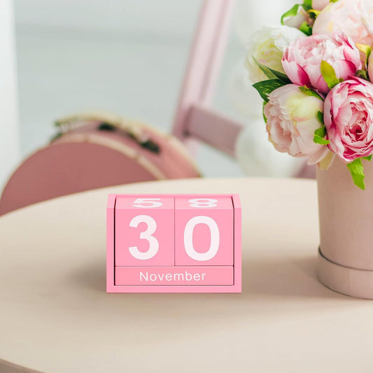 Wooden Block Calendar for Desk, Small Size Daily Desktop Perpetual Desk Calendar, Cute Date Display Desk Accessories for Home Office Decor, Teacher, Classroom, Reusable Yearly, Pink