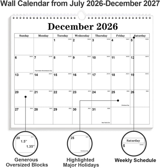 Calendar 2026-27 - Calendar 2026-2027 from July 2026 to December 2027, Spiral Binding Hanging Wall Calendar 2026 for Home/Office, 8.5" x 11", Black