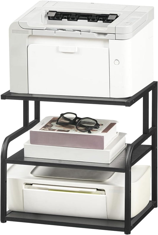 HOOBRO Printer Stand, 3-Tier Desktop Printer Table, Under Desk Printer Storage Office Organizer, Storage Rack with Adjustable Shelf, for Home Office, Kitchen, Living Room, Black BB06PS01