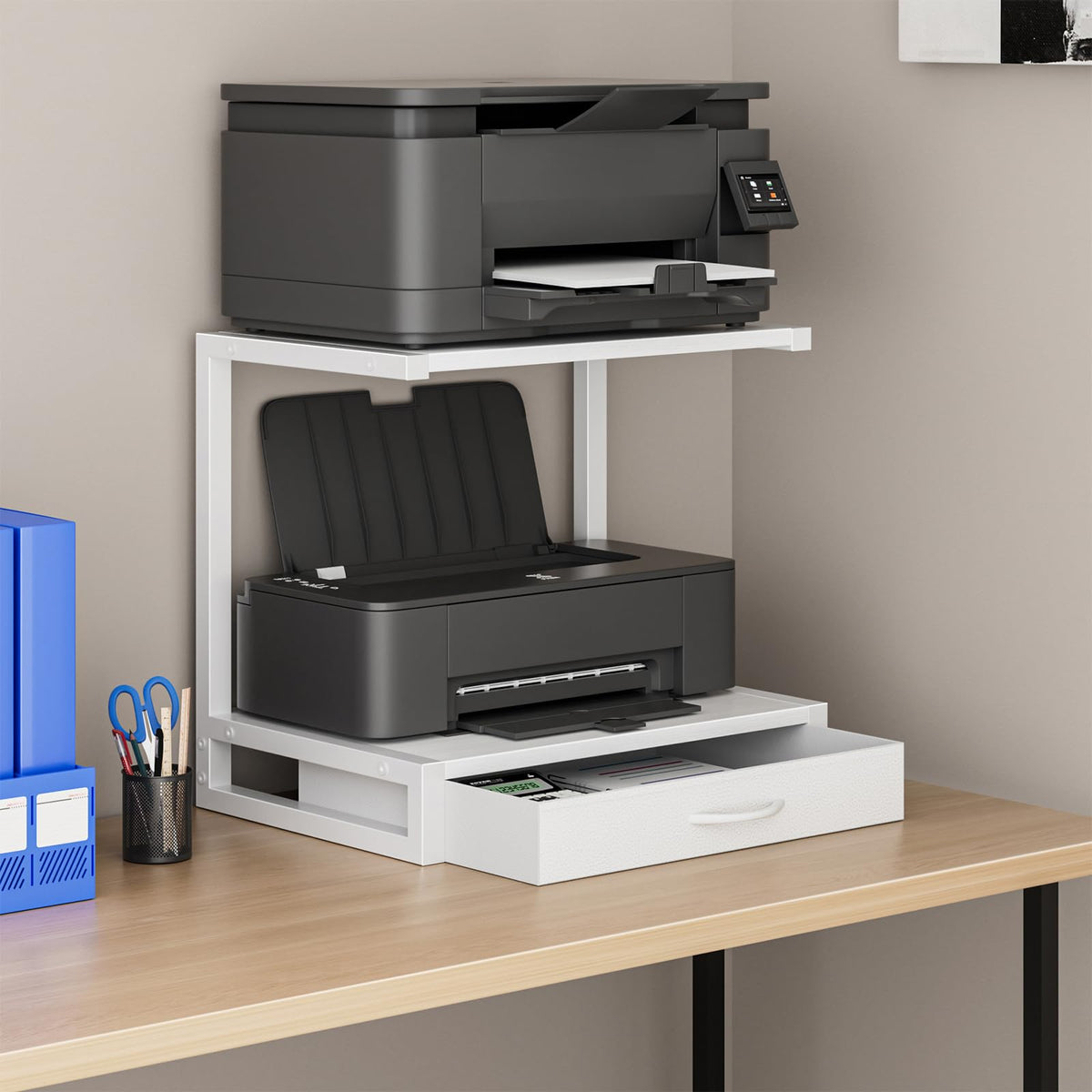 YAOHUOO 2-Tier Desktop Printer Stand with Fabric Drawer,17.3"x11.8" Black