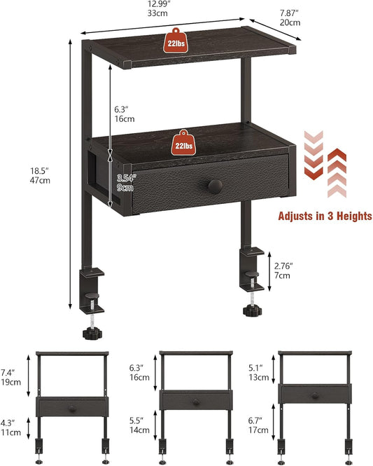 VENNQD Clamp On Desk Shelf, 2-Tier Desktop Organizer, Wood Desktop Supplies Tabletop Book Storage Rack with Adjustable Shelves for Table Working and Gaming Accessories, Black