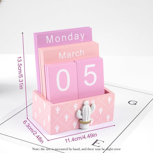 Notakia Perpetual Calendar Wooden Blocks Vintage Wood Block Calendar for Home Office Desk Accessories Week Month Date Display (Pink Calendar)