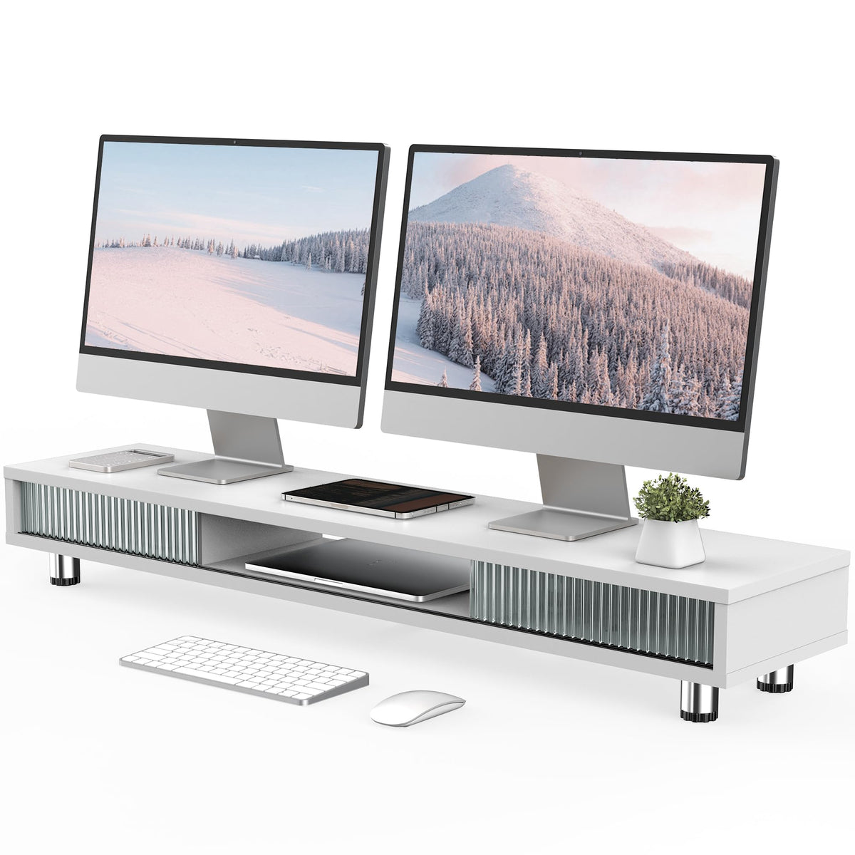 Fenge Dual Monitor Stand with Storage, Desk Shelf with Glass Sliding Door