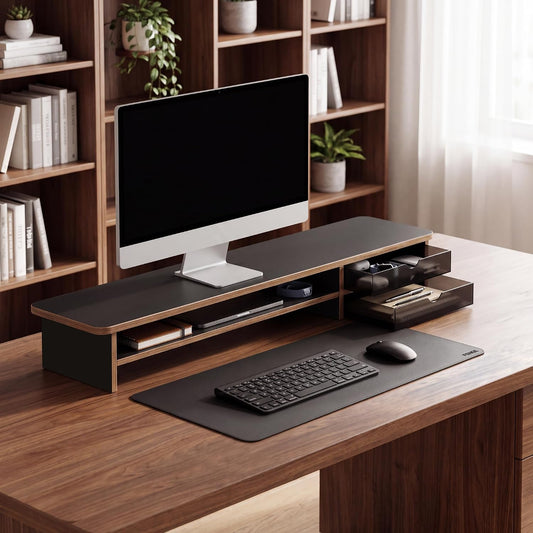 Fenge Monitor Stand, Desk Computer Riser with Frosted Storage Drawer, Black