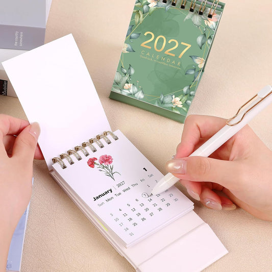 Mini Desk Calendar 2026-2027, Aug 2026-Dec 2027, 17-Month, 4.7" x 3", Green