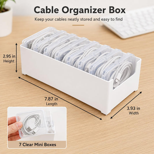 8 Pcs Cable Organizer Storage Box, Desktop Cord Management Organizer with 7 Switch Small Boxes, Clear Home Fuse Beads Case for Stationery Supplies Desk Electronic Accessories, White