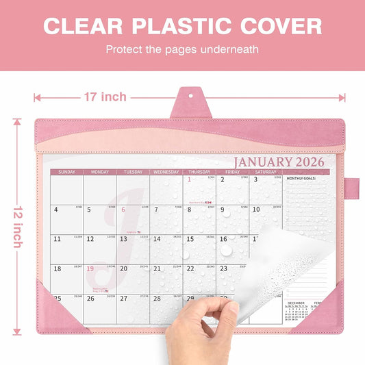 Ospelelf Desk Calendar 2026-2027 with Storage Pocket Protective Cover Large 12"x17" Leather Monthly Wall Planner Pad 18 Months January 2026 - June 2027 Pink