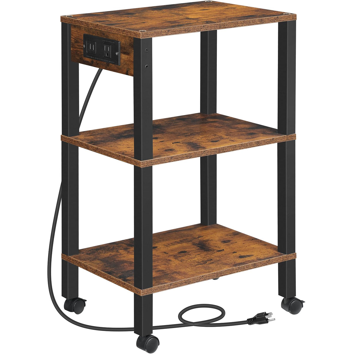 HOOBRO 2-Tier Printer Stand with Charging Station, Under Desk Printer Table, Printer Cart with Storage Shelves, Shelf for Small Spaces, for Home Office, Rustic Brown and Black BF38UPS01