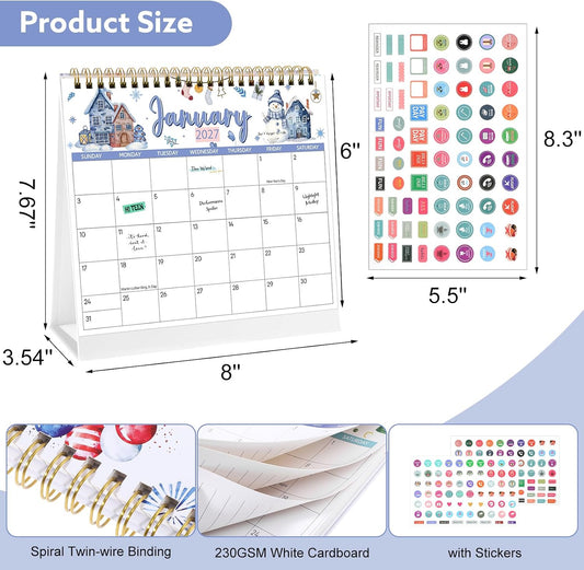 2026-2027 Mini Desk Calendar with Stickers, 8" x 6" 18 Months Festival Watercolor
