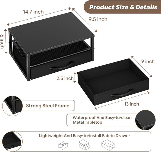 Ekisemio Metal Monitor Stand Riser with Fabric Drawer, 2-Tier Computer Desk Organizer for Laptop, Computer, iMac, Black | Fabric Drawer, 2-Tier Design, Desk Organizer, Metal Construction