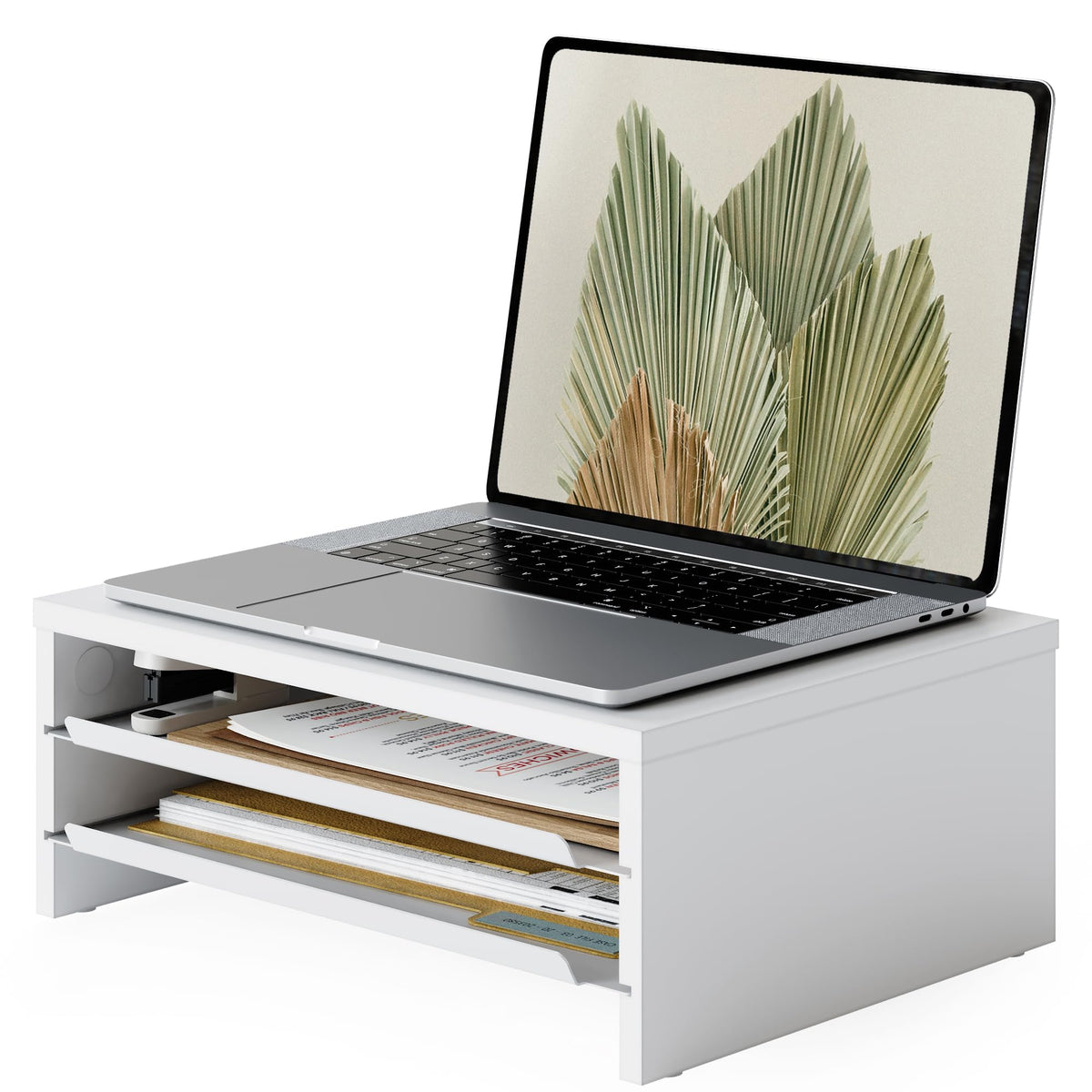 Fenge 14.3-Inch Monitor Stand with Slide-Out Trays, Wood & Metal Desk Shelf