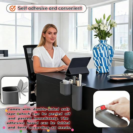 Sticky Desk Organizer, 3-Pack Monitor Side Storage with Adhesive - Multifunctional Desktop Pen Holder for Stationery, Jewelry, Remote Control - Space Saving Grey PP Material for Office & Home