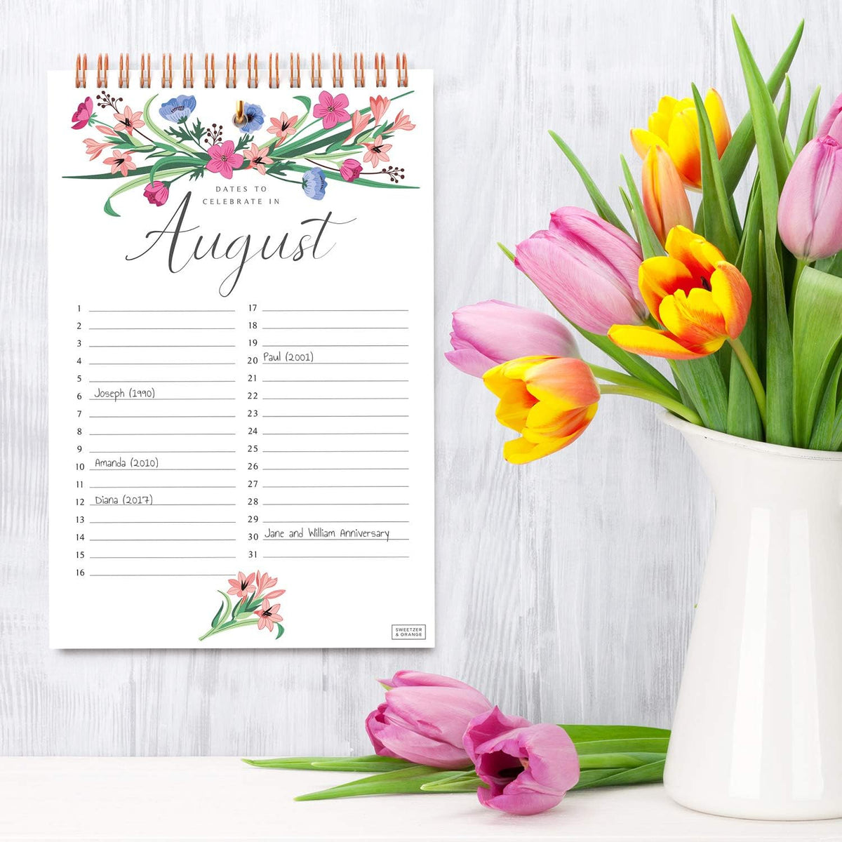 S&O Perpetual Calendar. 12 Month Office or Family Wall Timetable. 6x9” Floral Flip Scheduler Design. Timeless Birthday Calendar Wall Hanging, Anniversary Chart and Monthly Planner