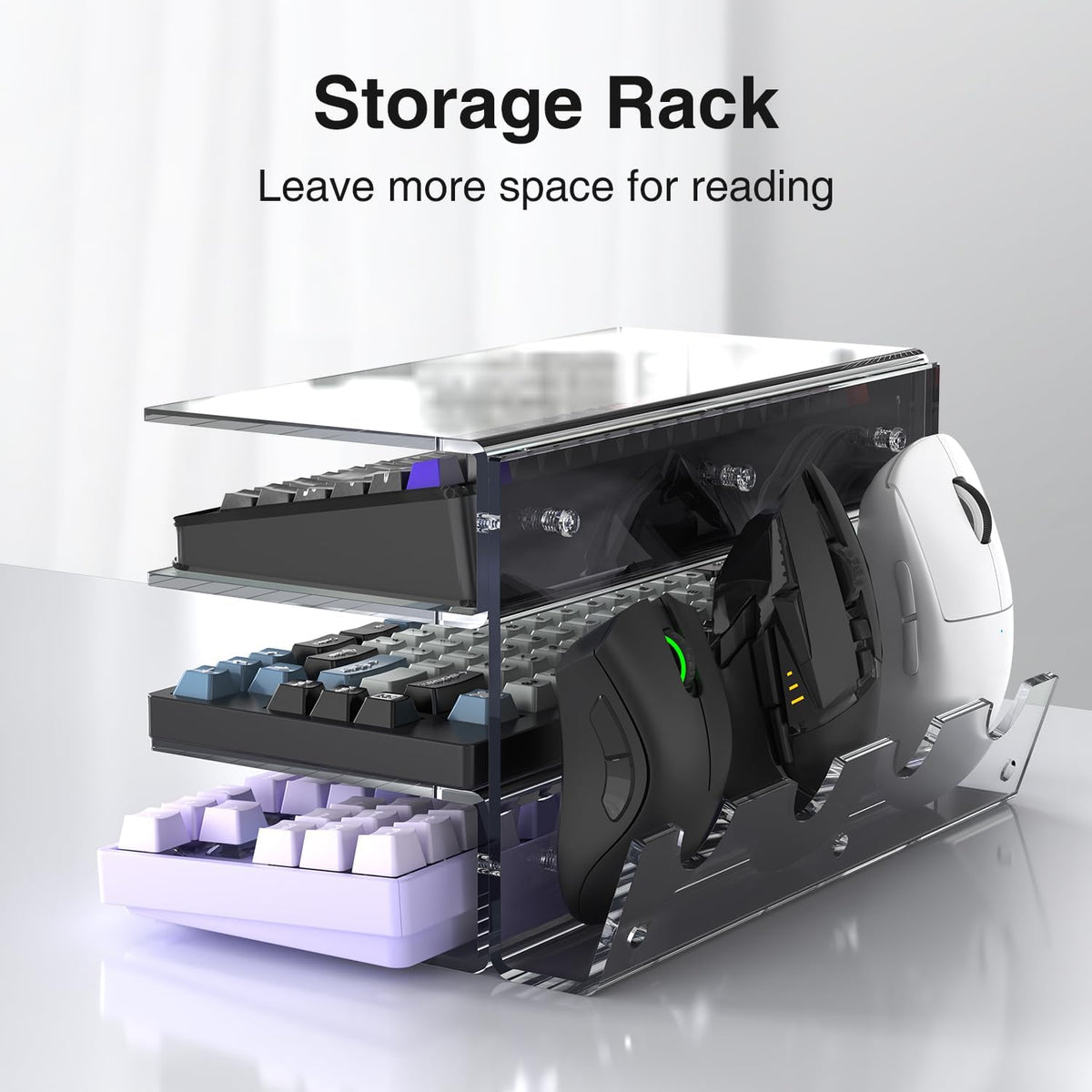 Keyboard Stand for Desktop 3 Layer Acrylic Stand Gaming Keyboard and Mouse Storage Thicken Dustproof Storage Holder Holds up 4 Keyboards,3 Mice,folder etc for Office,Home,School,Kitchen(Transparent)