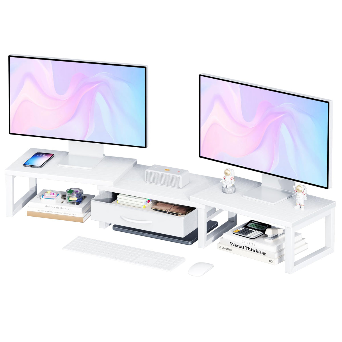 Dual Monitor Stand Riser, Desk Organizers and Accessories with Drawer, Computer Monitor Stands for Desk, Adjustable Desktop Shelf for PC Laptop Printer TV, Black