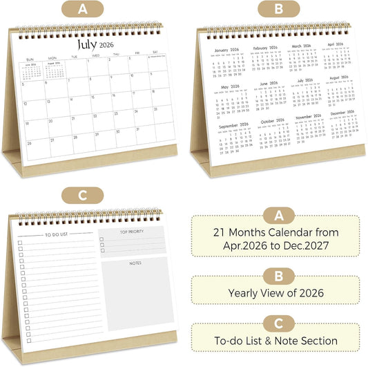 SKYDUE Small Desk Calendar 2026-2027, Jul. 2026 – Dec. 2027, 8.3" x 6.3", Black Minimalist Style, Double-Wire Binding, To-Do & Notes Sections, with 280 Planner Stickers
