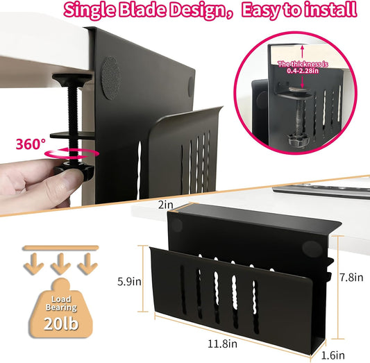 Desk Side Storage, Under Desk Storage, No Drill Steel Hanging Desk Organizer, Laptop Holder, Table Hanging Storages Holder for Office & Home (Black)