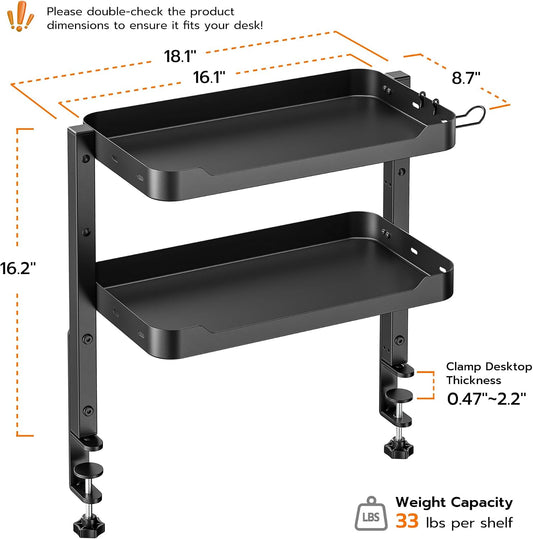 ARES WING 2-Tier 16 inch Clamp On Desk Shelf, Above or Under Desk Storage