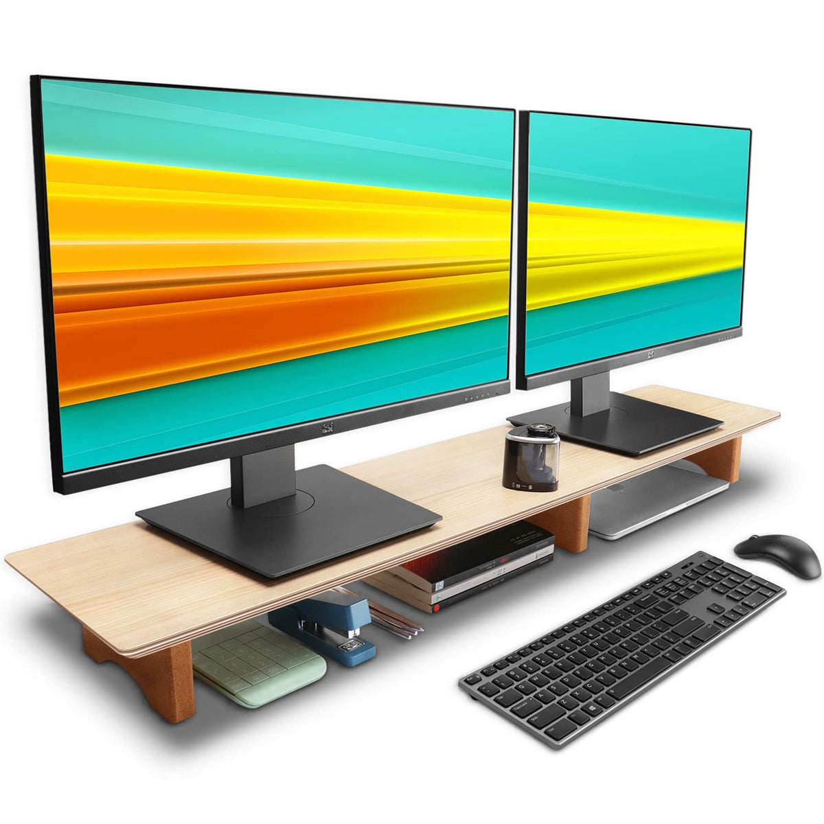 Aothia 43 inch Black Walnut Finish Dual Monitor Stand for Desk, Cork Legs