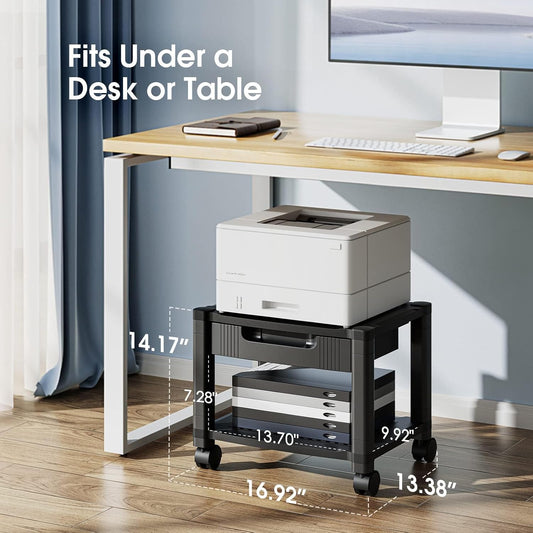HUANUO Printer Stand with Storage Drawer, Locking Wheels, Under Desk Cart