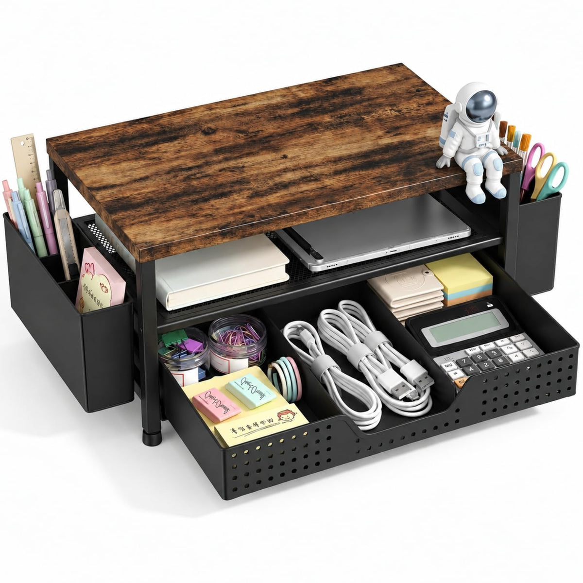 LEKETREE Wood Desk Organizer, 2-Tier Computer Monitor Stand Riser with Storage Drawer and 2 Pen Holders, Laptop & Printer Stand, Shelf for Top of Desk (Wood)