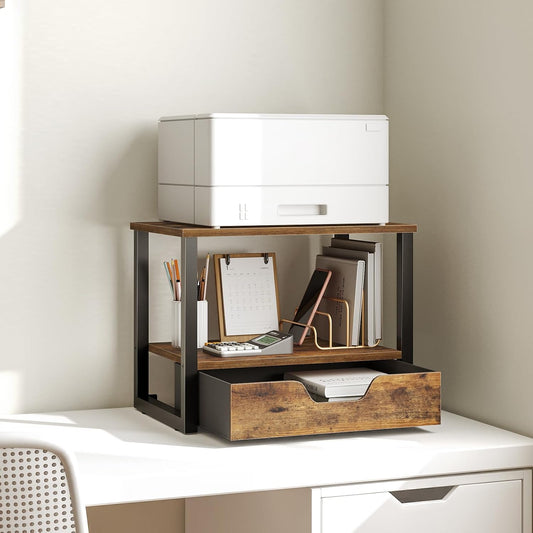 YATINEY Desktop Printer Stand, 2-Tier Printer Table with Non-Woven Drawer, Multi-Purpose Desk Organizer for Home Office, Under Desk Open Organizer Shelf, Rustic Brown PS01BR