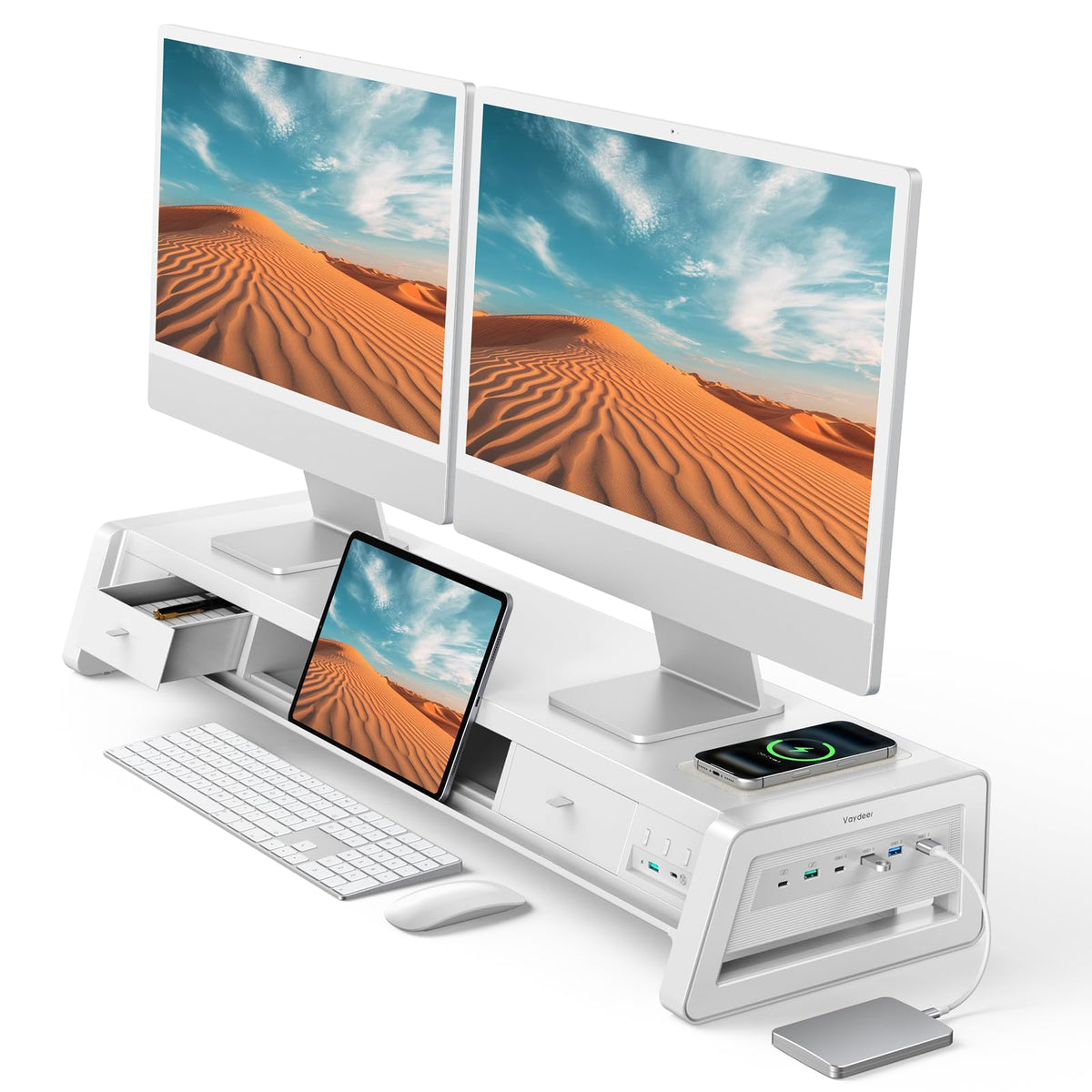 Vaydeer All-in-One Dual Monitor Stand Riser with 2 Drawers, 8USB Ports and Wireless Charging Pad with LED Light Strip for 2 Monitors , Desk Organizer for PC, iMac (Metal, 39.3 inches)