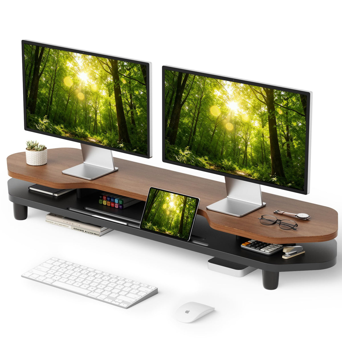 Dual Monitor Stand Riser, 39.4 Inch Large Monitor Stand with Storage Shelf, 2-Tier Desk Organizer for PC, Laptop, Printer | 2 Slots for Phone/Tablet, Computer Monitor Riser, Wood Desk Shelf for TV