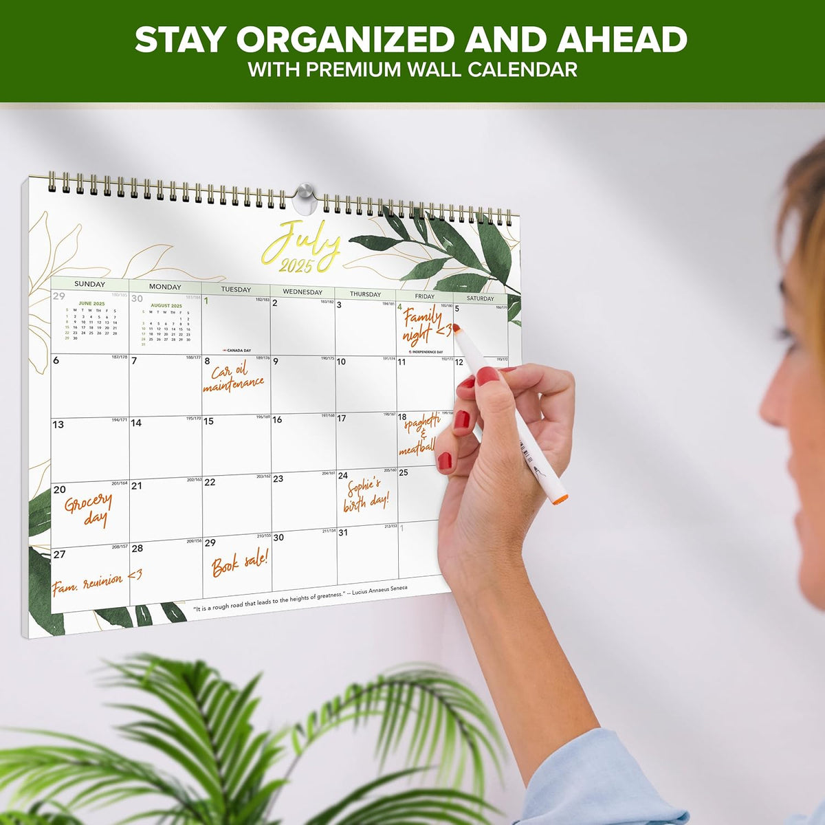 Decorably 18 Months Gold-Foiled Greenery Academic 18 Month 2025 Calendar Wall July 2025 to Dec 2026, 14.5x11.5in Spring-Bound Green Wall Calendar with Inspirational Quotes for Office and Home Planning