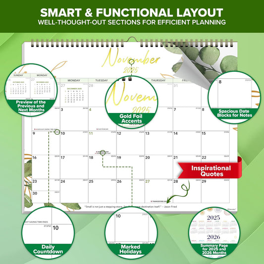 Decorably 18 Months Gold-Foiled Greenery Academic 18 Month 2025 Calendar Wall July 2025 to Dec 2026, 14.5x11.5in Spring-Bound Green Wall Calendar with Inspirational Quotes for Office and Home Planning