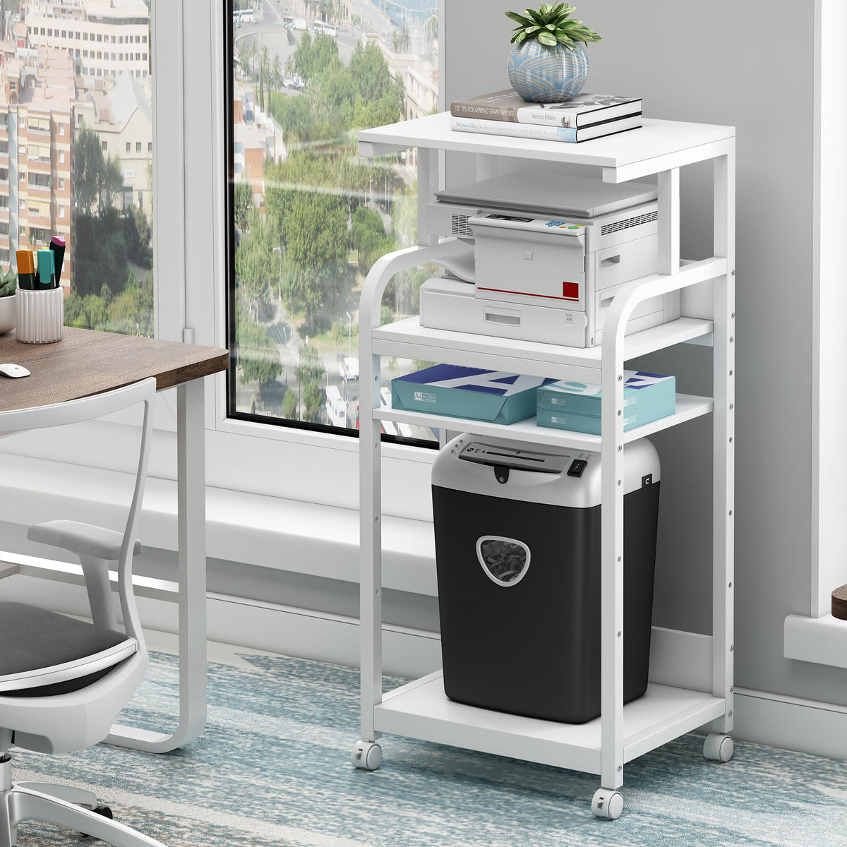 Fannova 4-Tier Printer Stand with Adjustable Storage Shelf, Large Tall Printer Table with Wheels for Home Office Small Spaces Organization, Rustic Brown
