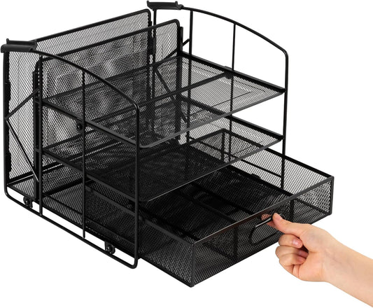 Amazon Basics Sturdy Rectangular Desktop Organizer with 3 Trays, Sliding Drawer and Hanging File Holder for Office Supplies, Black