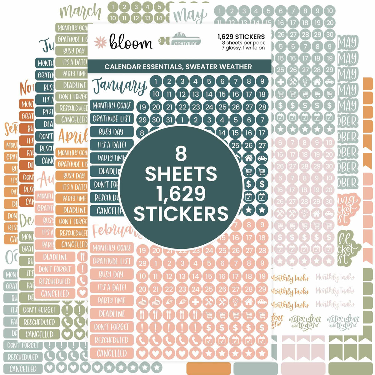 bloom daily planners Muted Neutrals Calendar Essentials Planner Stickers - 8 Sheets, 1629 Stickers Per Pack! - Color Coordinating Monthly Headings, Dates, Icons, Etc. - Aesthetic Boho