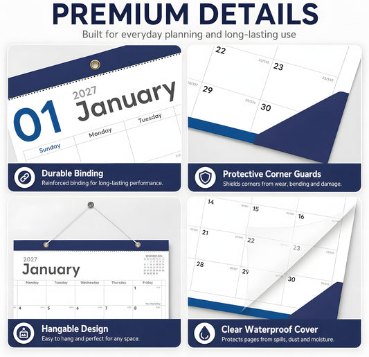 Desk Calendar 2026-2027, 18 Months, Jul 2026-Dec 2027, 17x12 Inch, Navy