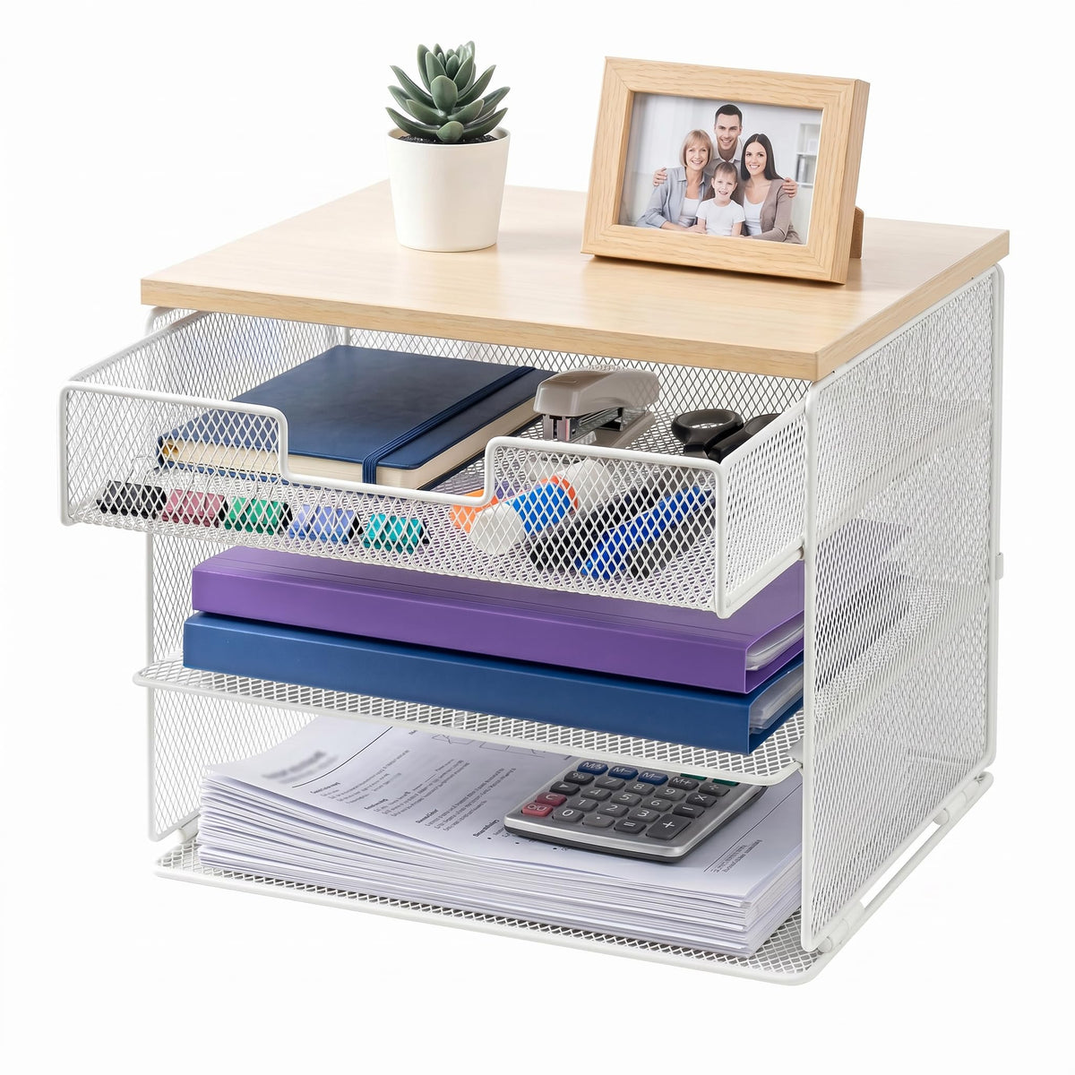4-Tier Mesh Desk Organizer and Accessories with Drawer Wooden Top Desktop Organizers Letter Tray Paper Organizer File Holder for Home Office School White