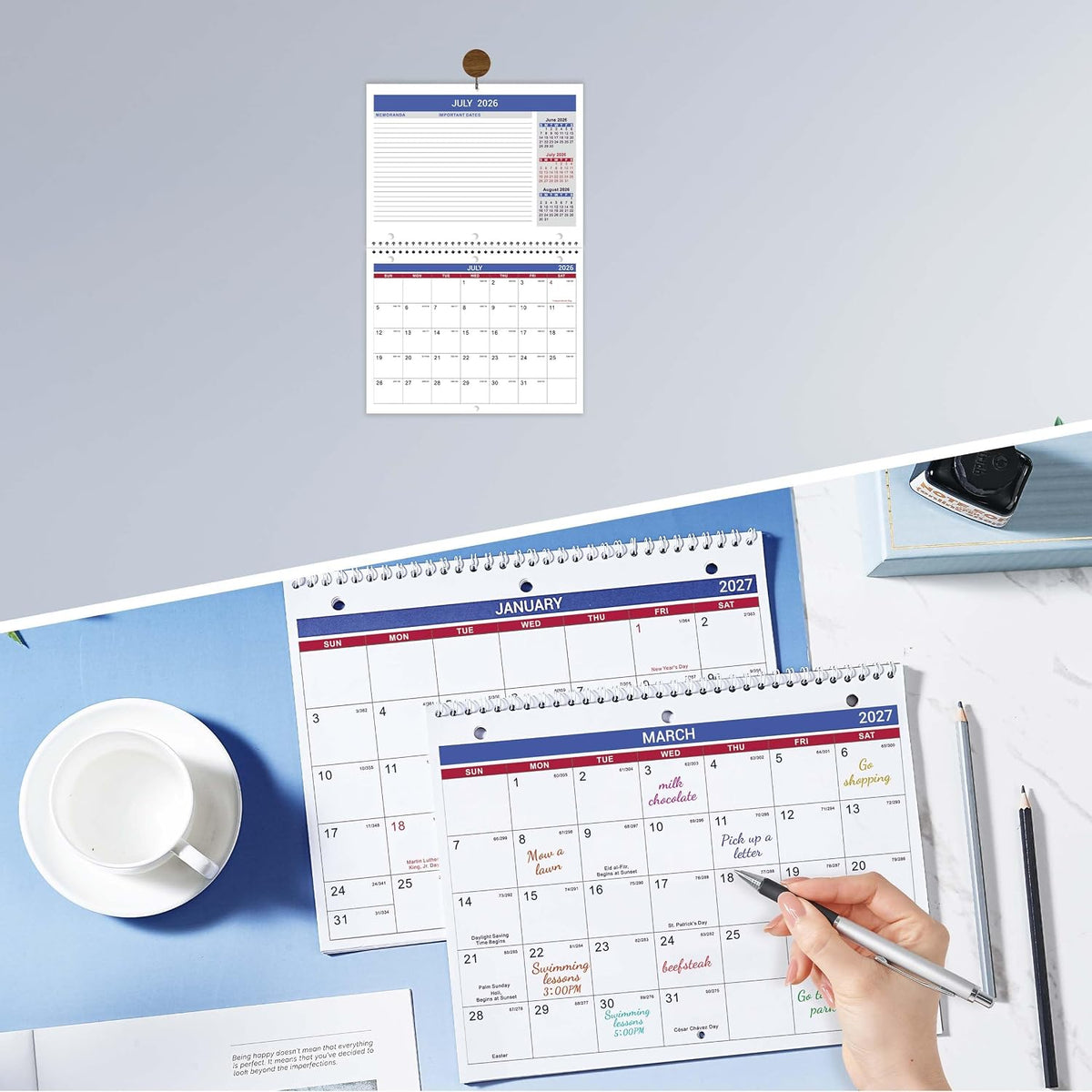 Calendar 2026-2027 - Wall Calendar 2026-2027, JUL. 2026 - DEC. 2027, 8.5" x 11", Memoranda Lined Pages with Thick Paper, Twin-Wire Binding, Holidays, Julian Dates