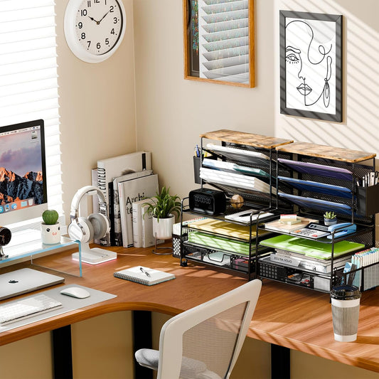 Ekisemio 8 Tier Desk File Organizer with Sliding Drawer, Desktop Organizers and Accessories, Letter Size File Organizer for Desk, Black
