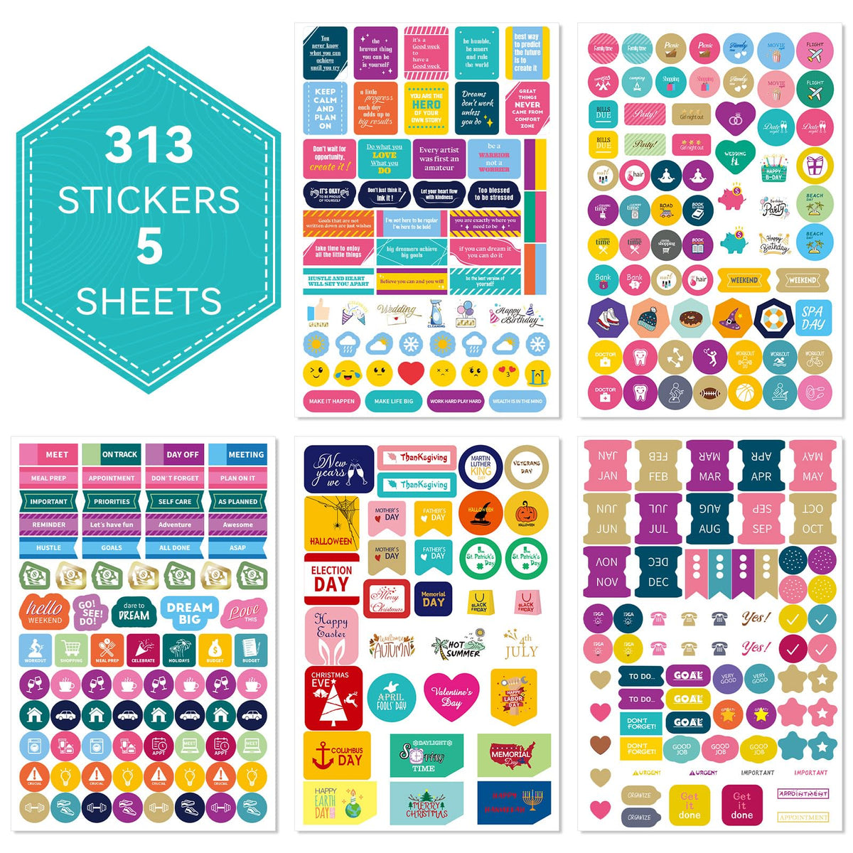 Ospelelf Planner Stickers, 18 Sheets Monthly Calendar Sticker Pack, Inspirational Motivational Quotes Festivals Label Sticker, for Decorating Organizers Scrapbooks Laptops Cups