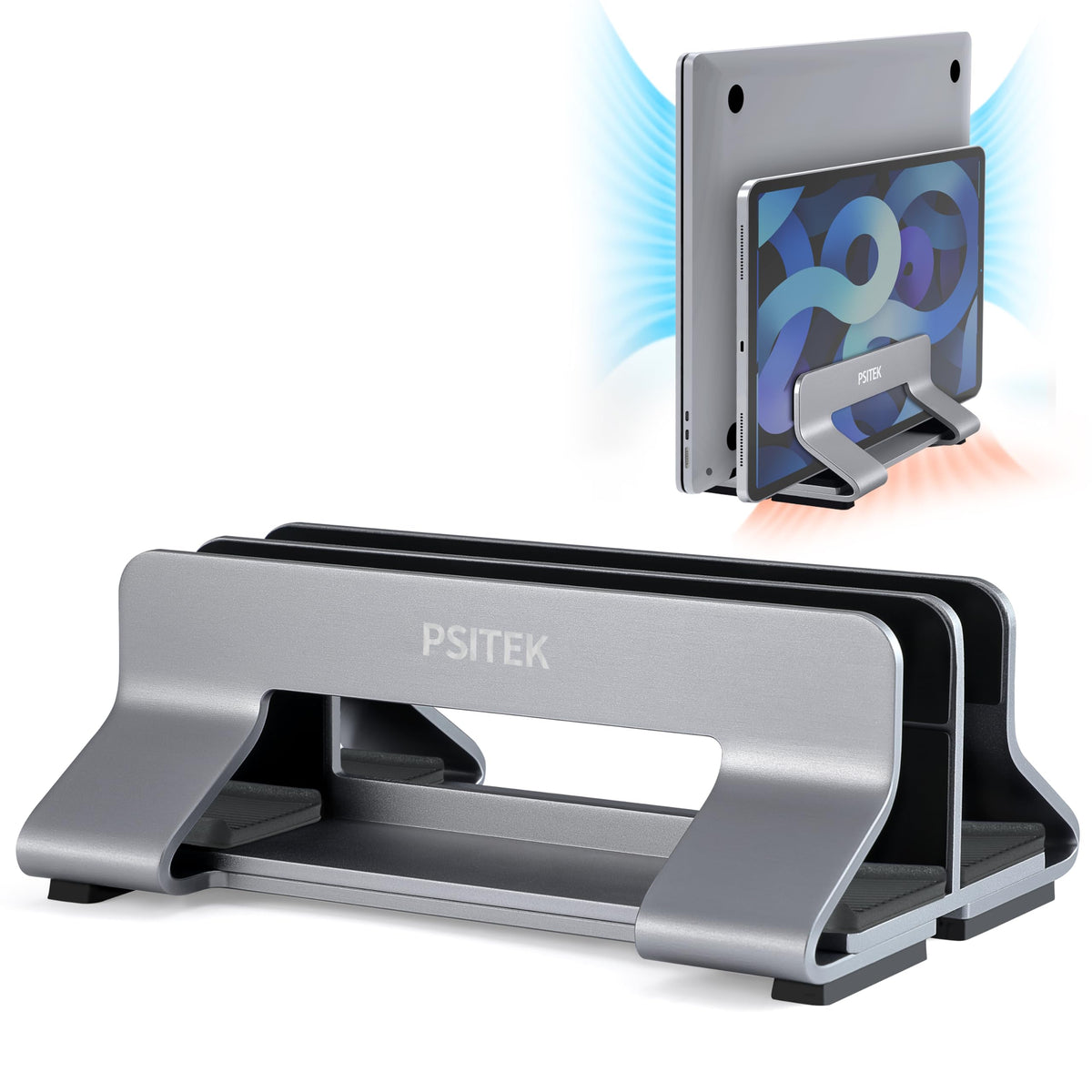 Aluminum Vertical Laptop Stand Dock Holder, Adjustable Slot Width 12-42mm, Space-Saving Upright Storage for MacBook and Laptops