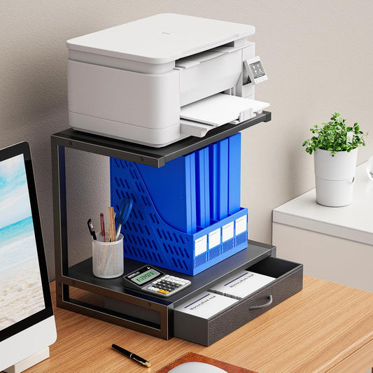 YAOHUOO 2-Tier Desktop Printer Stand with Fabric Drawer,17.3"x11.8" Black