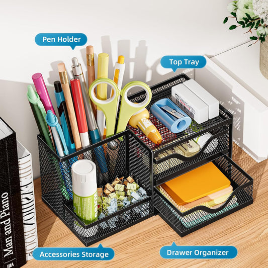 Marbrasse Mesh Pen Holder with 2 Drawers, Multi-Functional Pencil Organizer for Desk, Desk Organizers and Accessories with 3 Compartments + 2 Drawers for Office Art Supplies (Black)