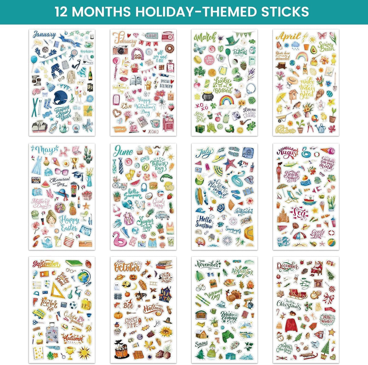 Planner Stickers - 12 Monthly Calendar Stickers for Celebrations, 14 Sheets