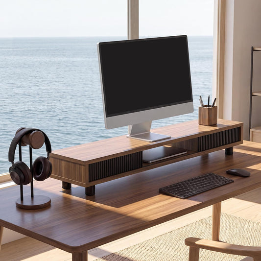 Fenge Dual Monitor Stand with Storage, Desk Shelf with Glass Sliding Door