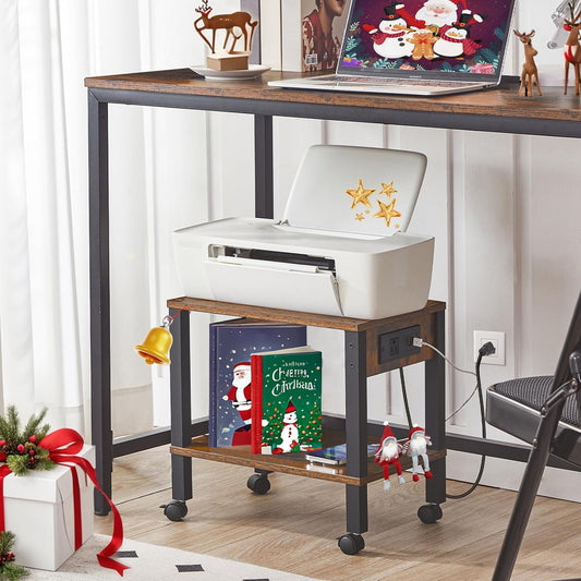 HOOBRO 2-Tier Printer Stand with Charging Station, Under Desk Printer Table, Printer Cart with Storage Shelves, Shelf for Small Spaces, for Home Office, Rustic Brown and Black BF38UPS01