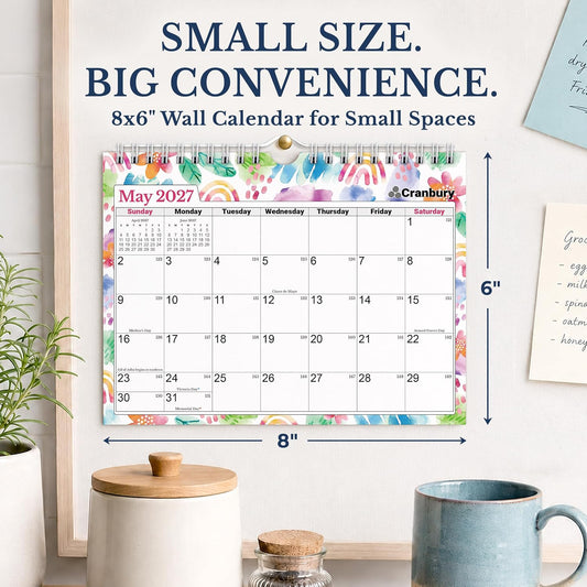 CRANBURY 2026-2027 Wall Calendar 8x6, 16-Month Mini Hanging Planner