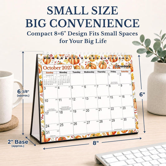 CRANBURY 8x6 Standing Desk Calendar 2027, Seasonal Designs with Stickers