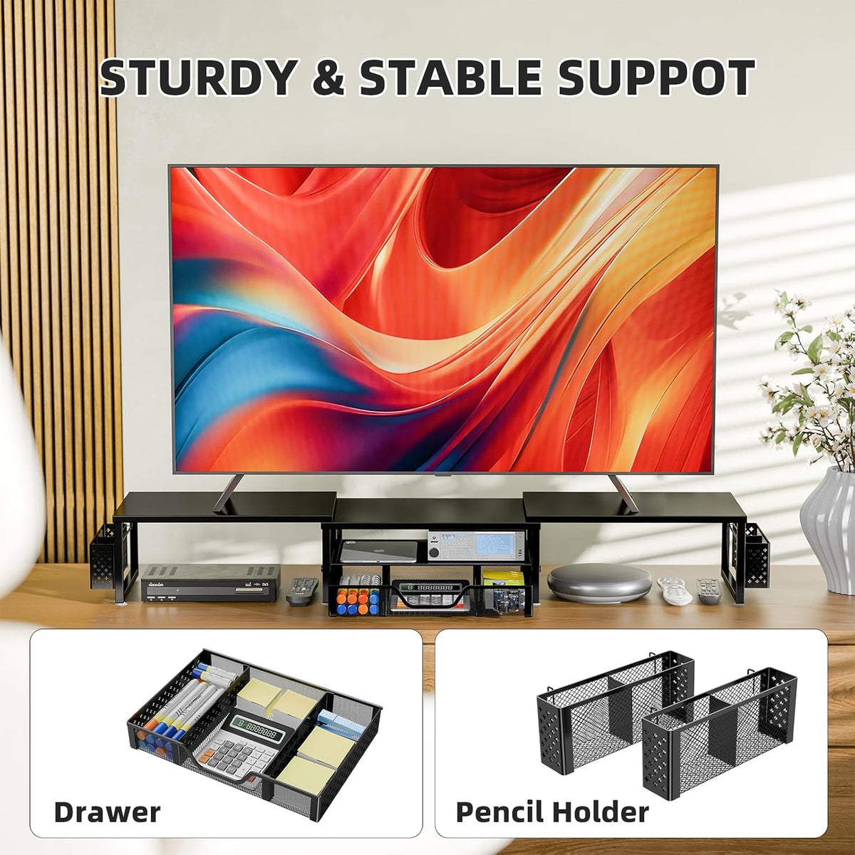 Simple Trending Dual Monitor Stand with Drawer and 2 Pen Holders, Black