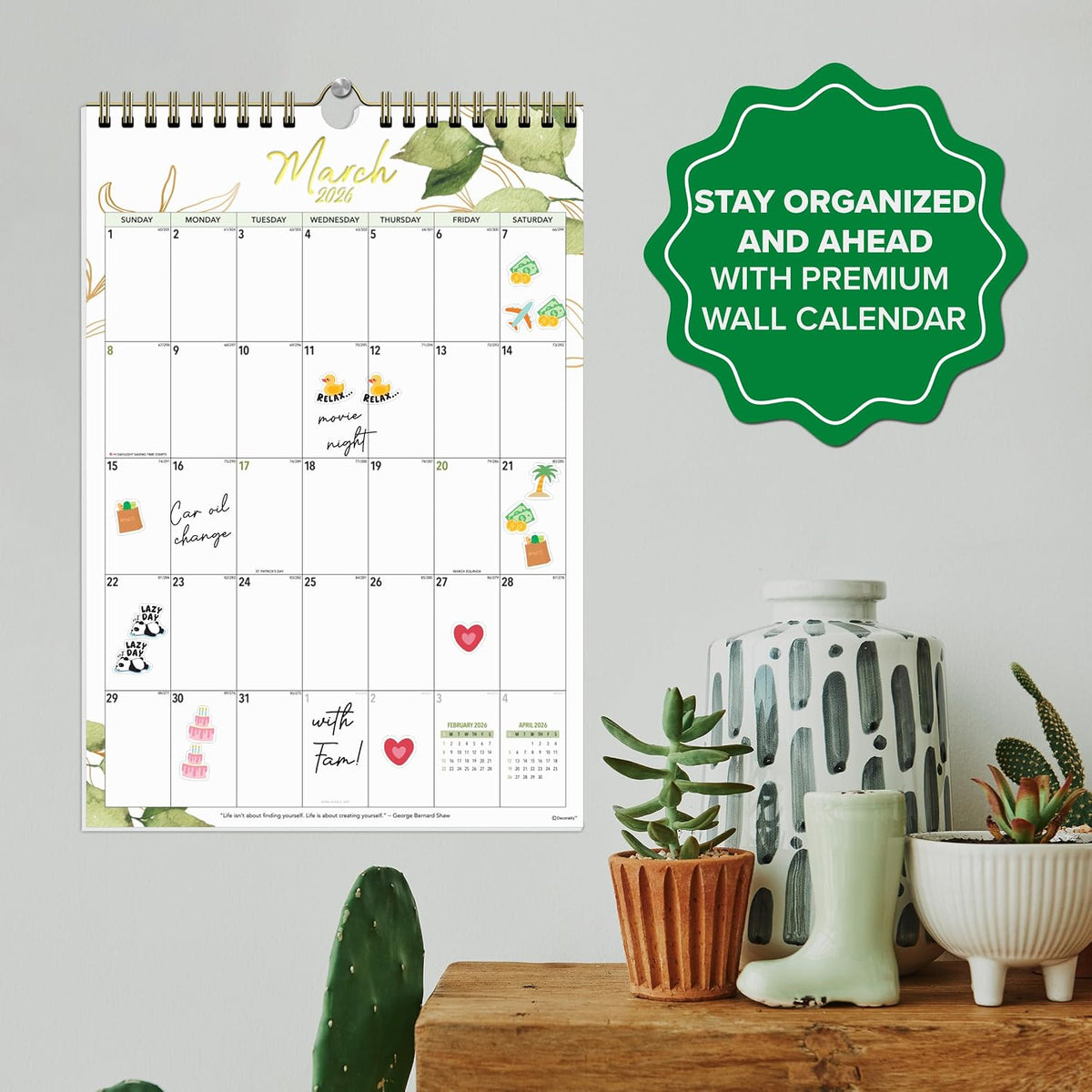 Decorably 18 Months Gold-Foiled Greenery Academic Hanging 2025 Calendar Wall July 2025 to Dec 2026, 10x14.5in Spring-Bound Office Wall Calendar with Stickers & Inspirational Quotes, Work and Home